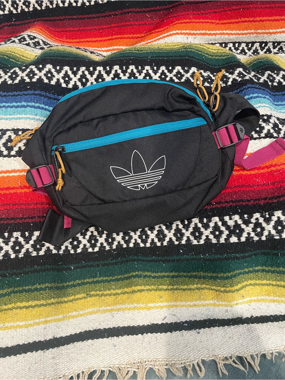 adidas Black Crossbody Waist Bag with Teal Zipper and Pink Strap Accents